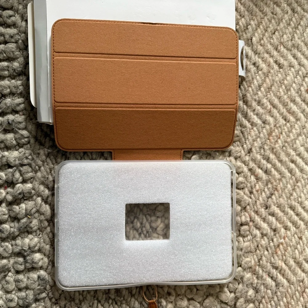 Heyday Tan Tablet Case for iPad Mini 6 trifold stand, faux, leather gold closure